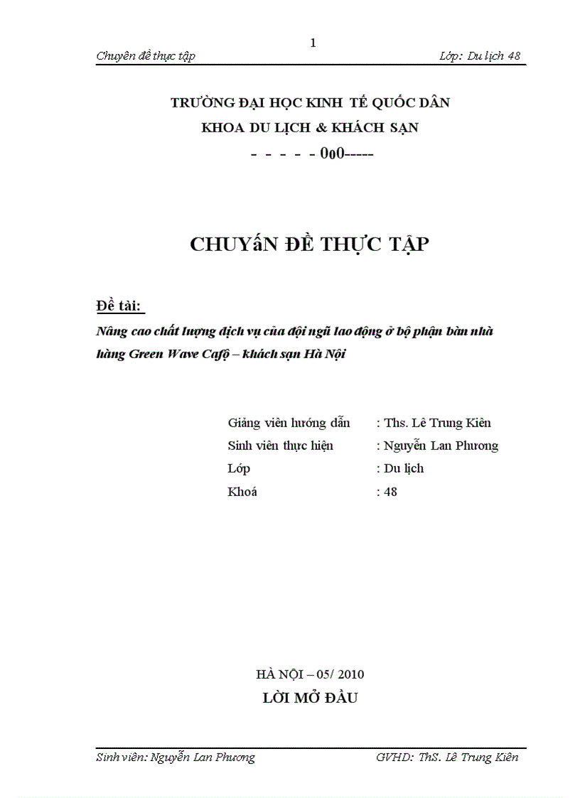 Nâng cao chất lượng dịch vụ của đội ngũ lao động ở bộ phận bàn nhà hàng Green Wave Café khách sạn Hà Nội