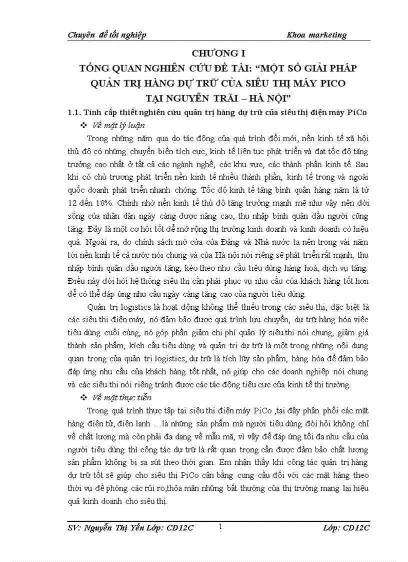 MỘT SỐ GIẢI PHÁP QUẢN TRỊ HÀNG DỰ TRỮ CỦA SIÊU THỊ MÁY PICO TẠI NGUYỄN TRÃI HÀ NỘI
