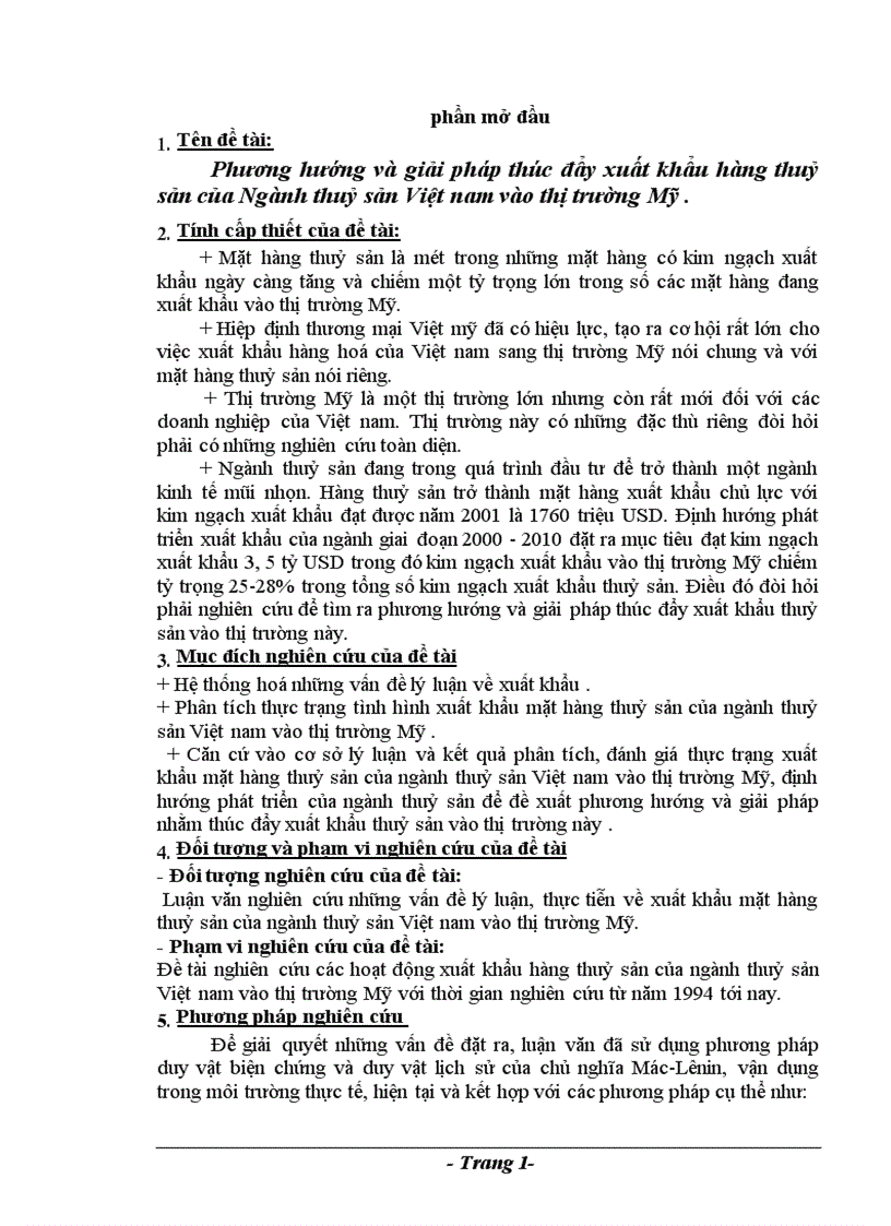 Phương hướng và giải pháp thúc đẩy xuất khẩu hàng thuỷ sản của Ngành thuỷ sản Việt nam vào thị trường Mỹ 1