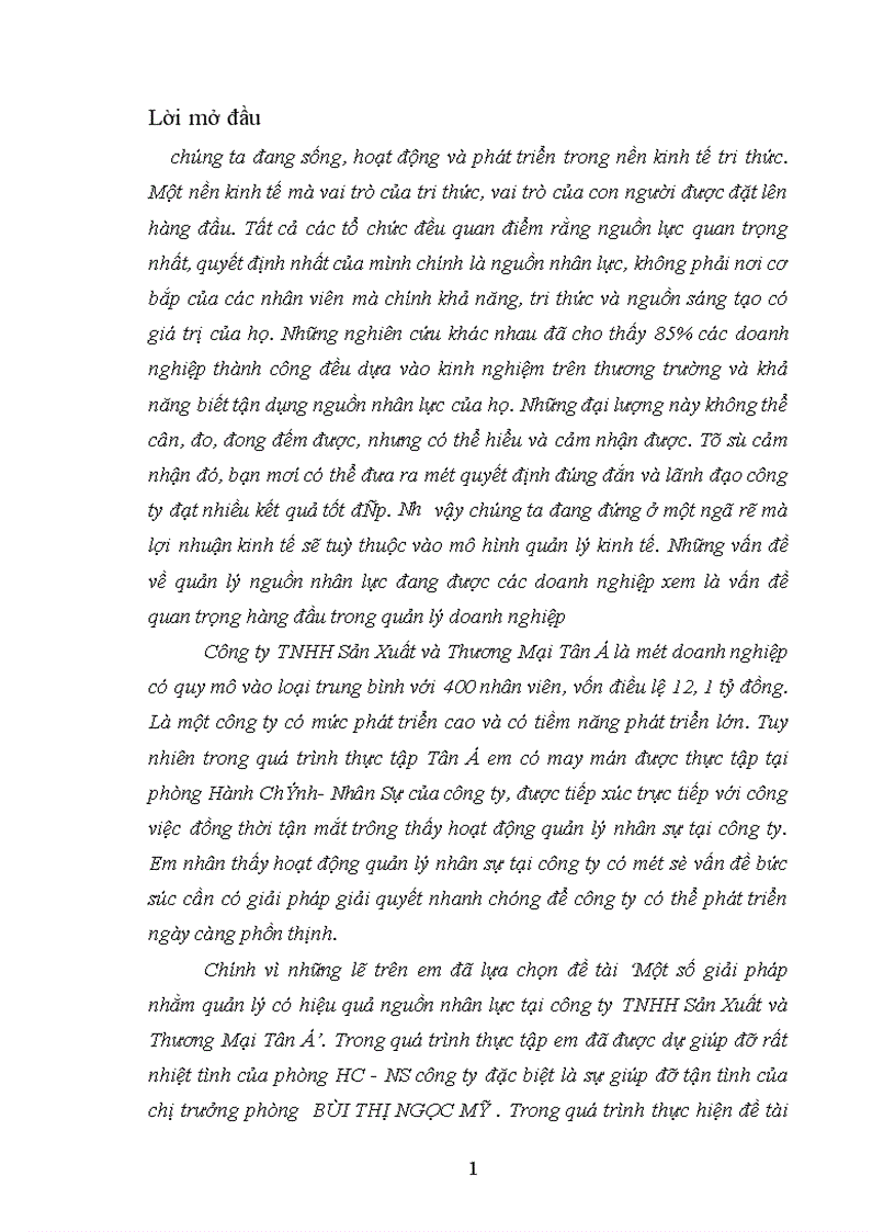 Một số giải pháp nhằm quản lý có hiệu quả nguồn nhân lực tại công ty TNHH Sản Xuất và Thương Mại Tân á