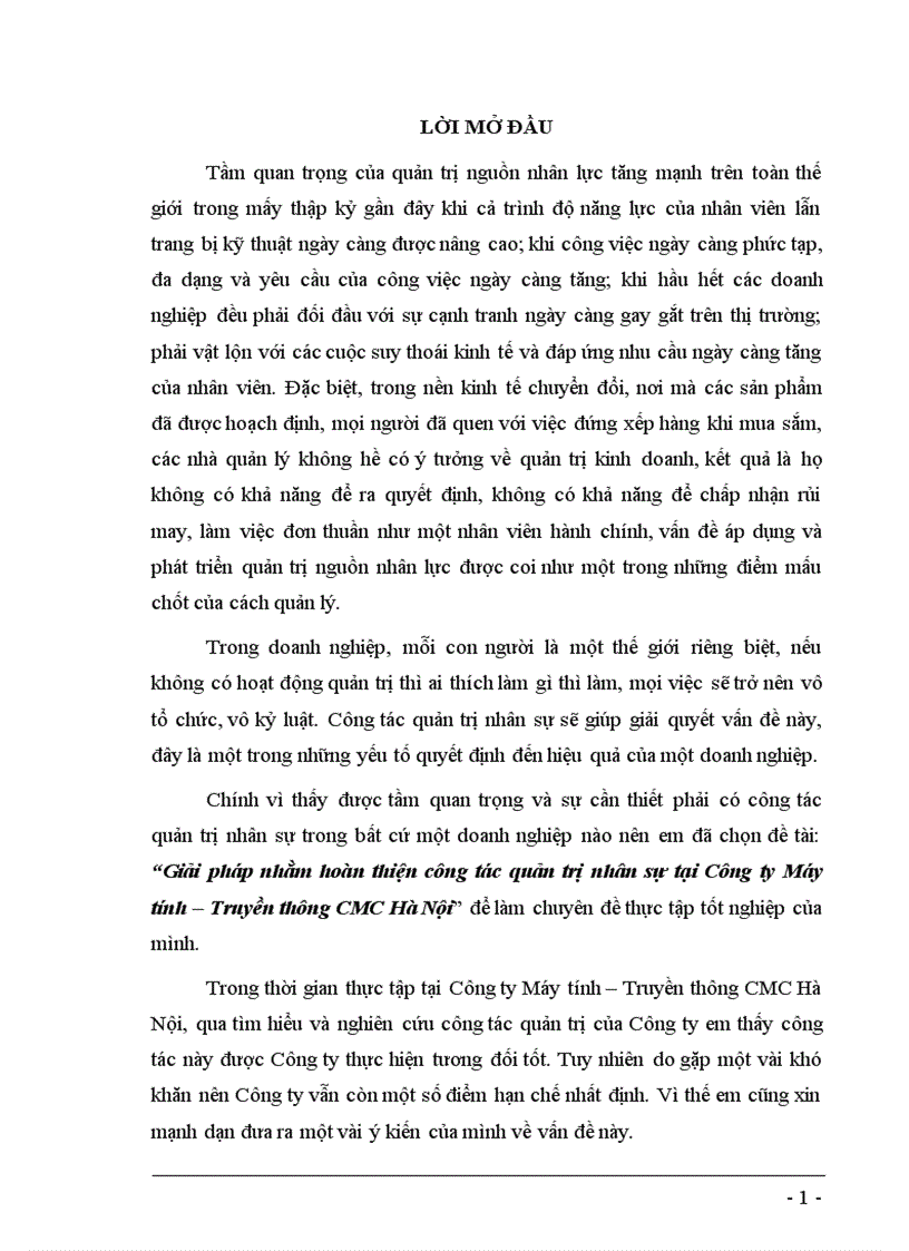 Giải pháp nhằm hoàn thiện công tác quản trị nhân sự tại Công ty Máy tính Truyền thông CMC Hà Nội 1
