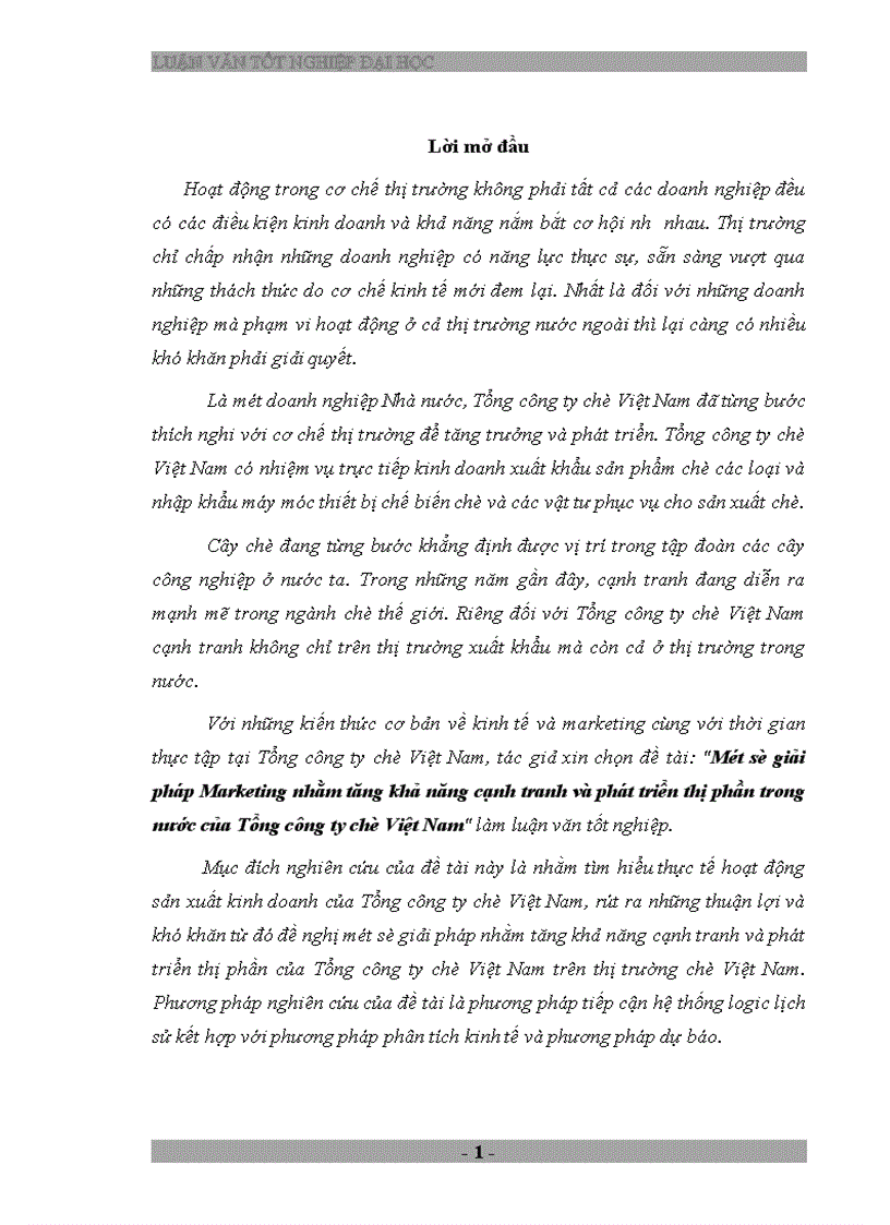 Một số giải pháp Marketing nhằm tăng khả năng cạnh tranh và phát triển thị phần trong nước của Tổng công ty chè Việt Nam 1