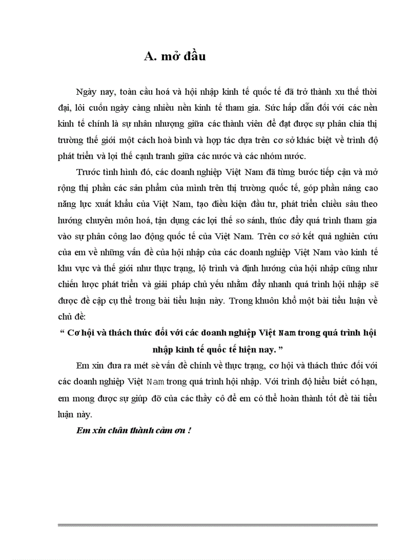 Cơ hội và thách thức đối với các doanh nghiệp Việt Nam trong quá trình hội nhập kinh tế quốc tế hiện nay 1