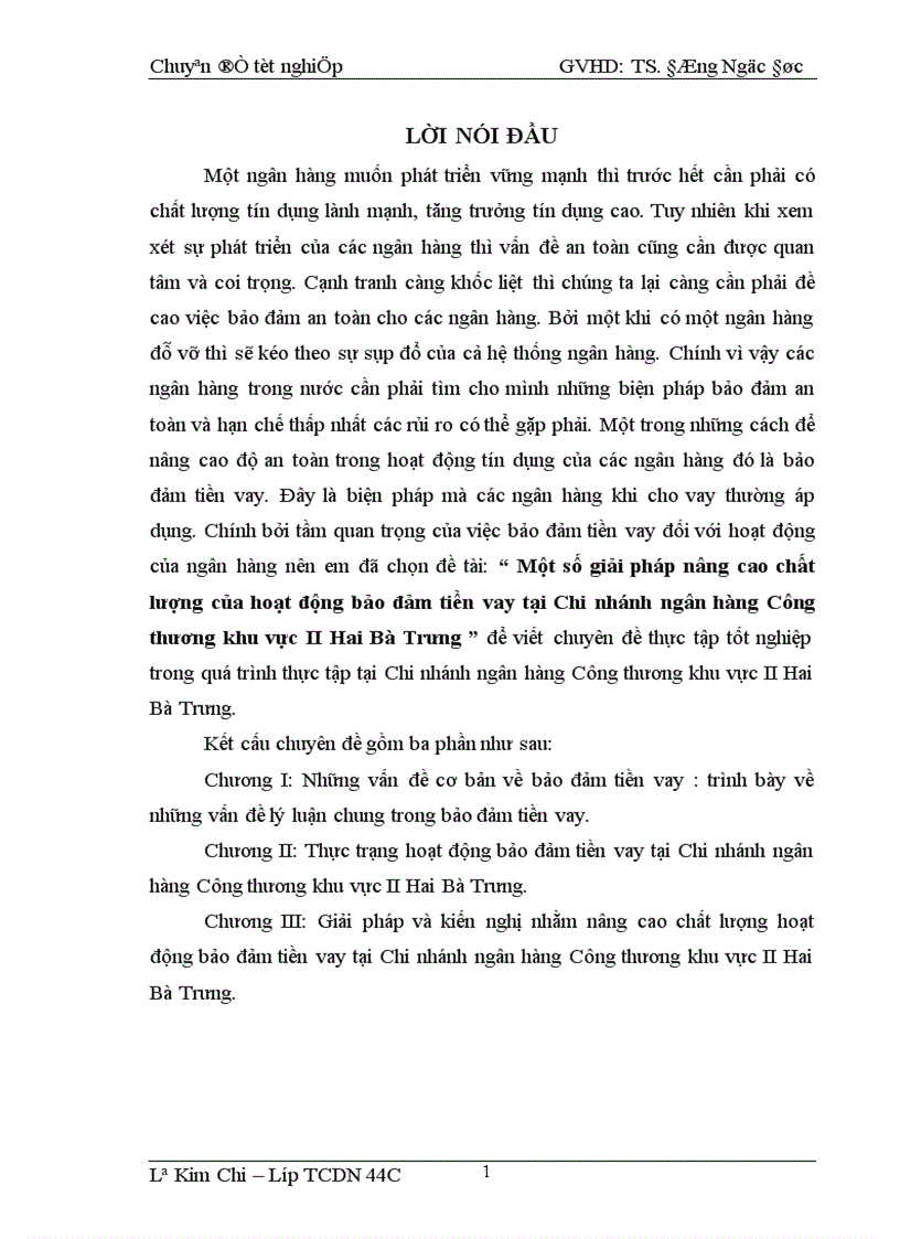 Một số giải pháp nâng cao chất lượng của hoạt động bảo đảm tiền vay tại Chi nhánh ngân hàng Công thương khu vực II Hai Bà Trưng