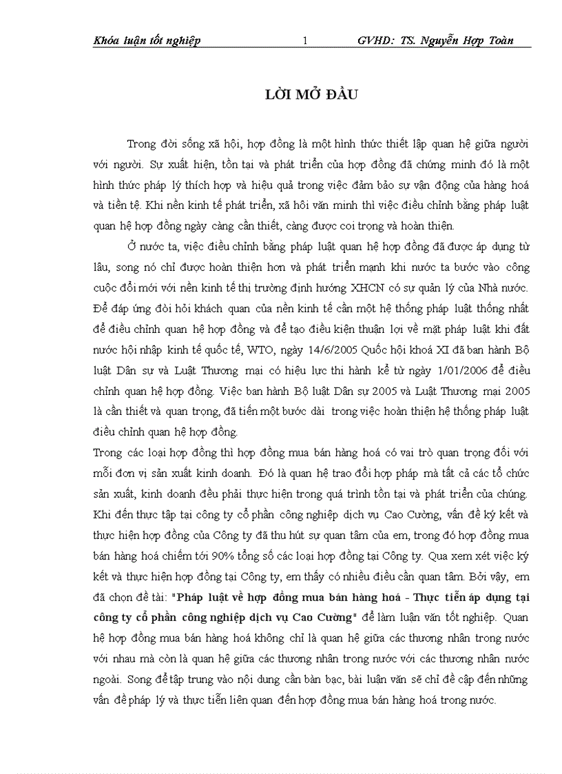 Pháp luật về hợp đồng mua bán hàng hoá Thực tiễn áp dụng tại công ty cổ phần công nghiệp dịch vụ Cao Cường 1