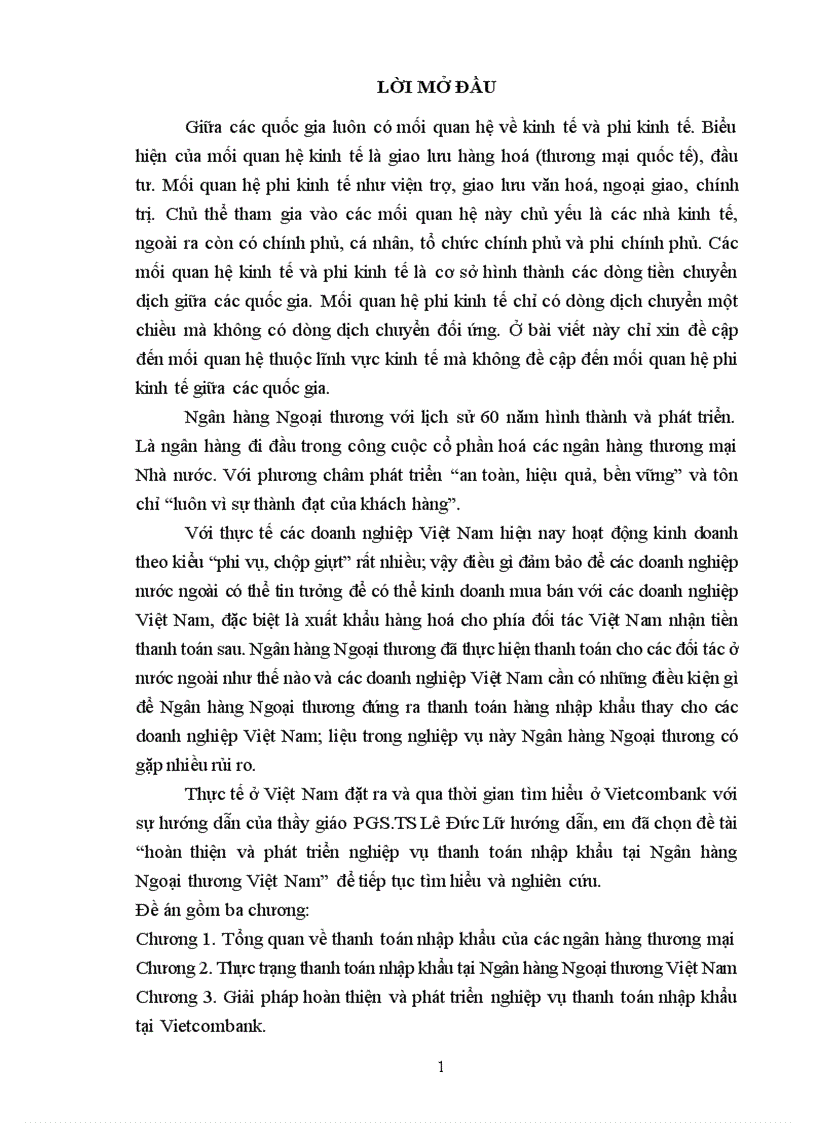 hoàn thiện và phát triển nghiệp vụ thanh toán nhập khẩu tại Ngân hàng Ngoại thương Việt Nam