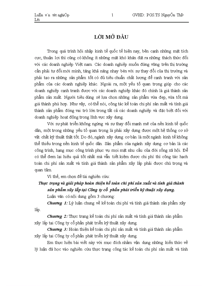 Thực trạng và giải pháp hoàn thiện kế toán chi phí sản xuất và tính giá thành sản phẩm xây lắp tại Công ty cổ phần phát triển kỹ thuật xây dựng 1