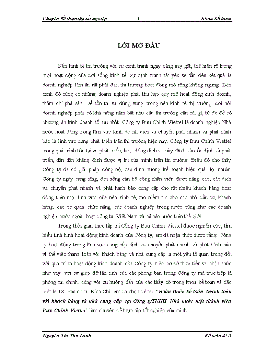 Hoàn thiện kế toán thanh toán với khách hàng và nhà cung cấp tại Công tyTNHH Nhà nước một thành viên Bưu Chính Viettel 1