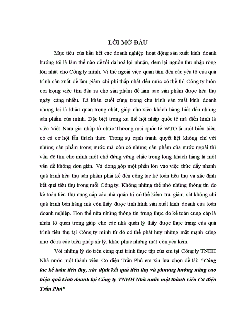 Công tác kế toán tiêu thụ xác định kết quả tiêu thụ và phương hướng nâng cao hiệu quả kinh doanh tại Công ty TNHH Nhà nước một thành viên Cơ điện Trần Phú 1