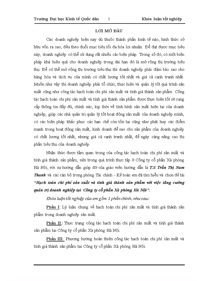 Hạch toán chi phí sản xuất và tính giá thành sản phẩm với việc tăng cường quản trị doanh nghiệp tại Công ty cổ phần Xà phòng Hà Nội 1