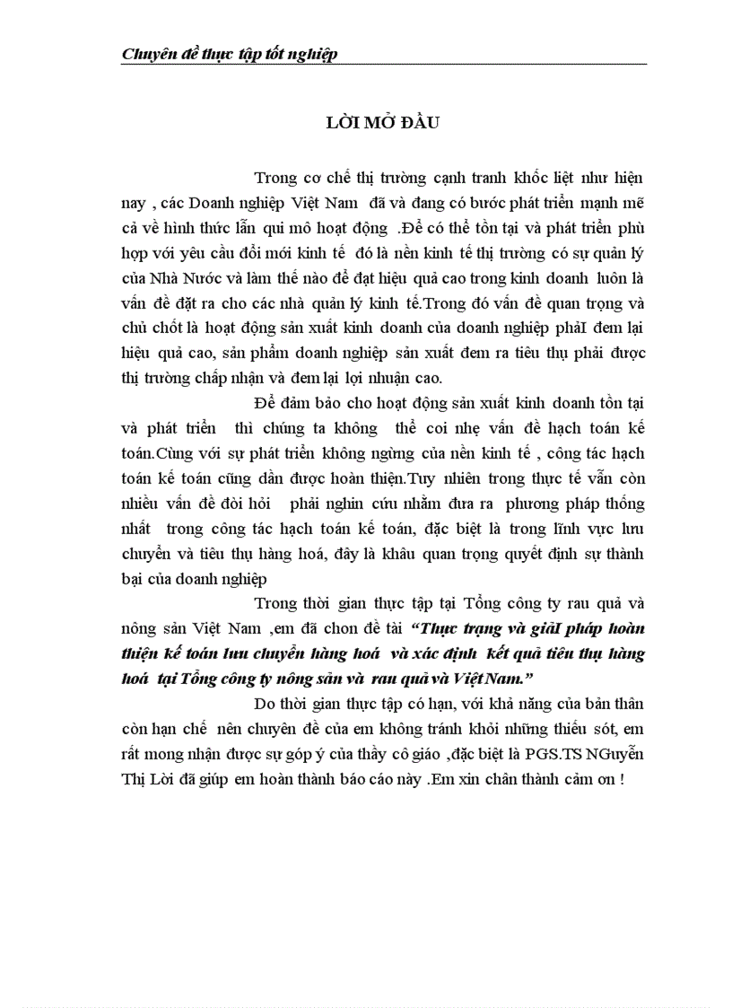 Thực trạng và giảI pháp hoàn thiện kế toán lưu chuyển hàng hoá và xác định kết quả tiêu thụ hàng hoá tại Tổng công ty nông sản và rau quả và Việt Nam 1