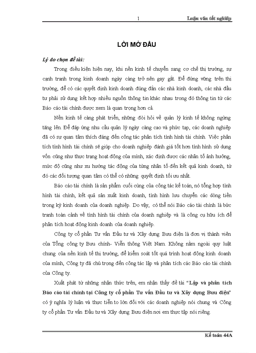 Lập và phân tích Báo cáo tài chính tại Công ty cổ phần Tư vấn Đầu tư và Xây dựng Bưu điện 1