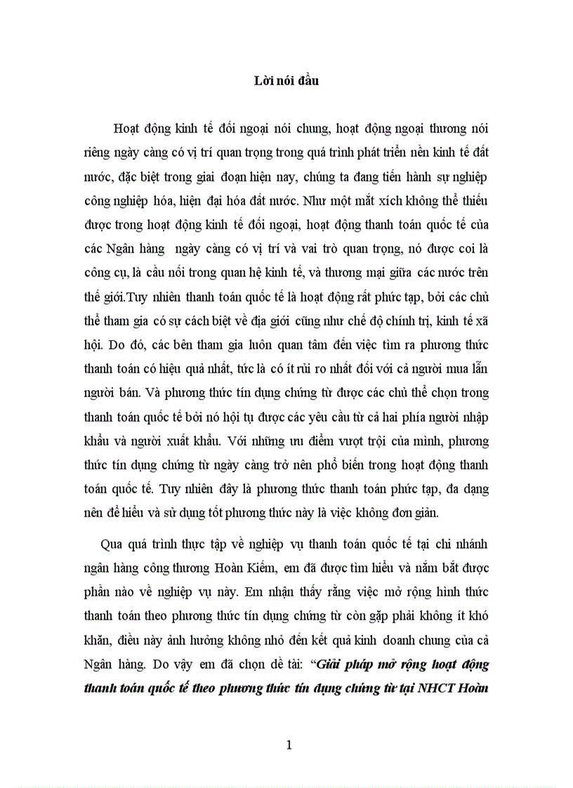 Giải pháp nhằm mở rộng hoạt động thanh toán quốc tế theo phương thức tín dụng chứng từ tại NHCthk 1