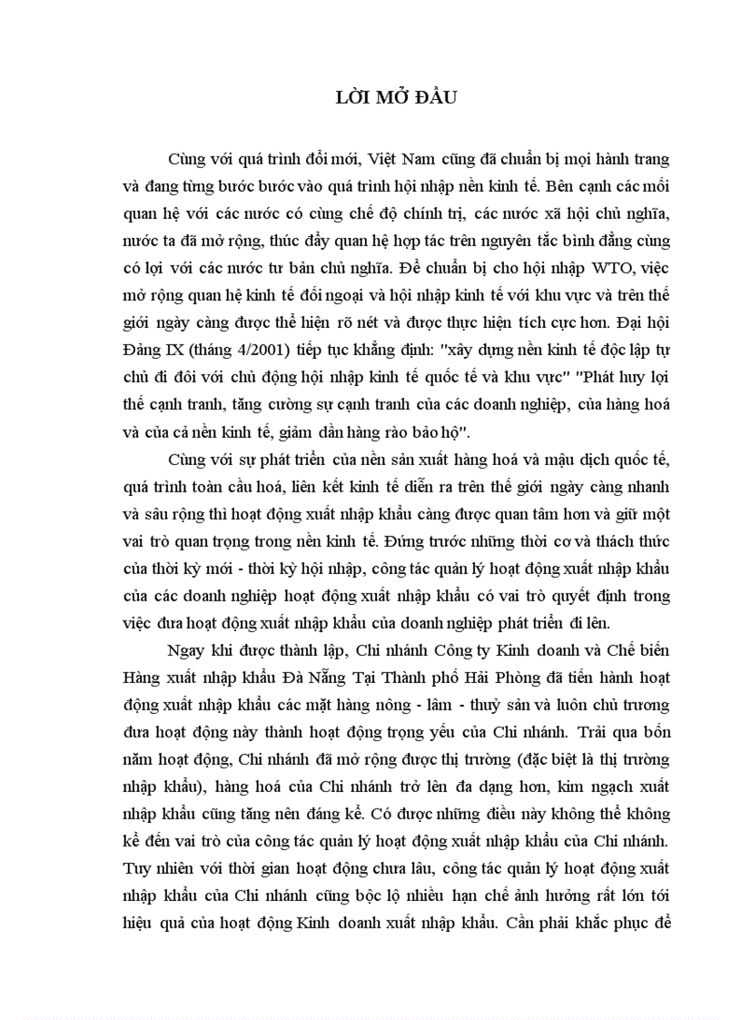 Một số giải pháp nhằm hoàn thiện công tác quản lý hoạt động xuất nhập khẩu tại Chi nhánh Công ty Kinh doanh Chế biến hàng xuất nhập khẩu tại Thành phố Hải Phòng