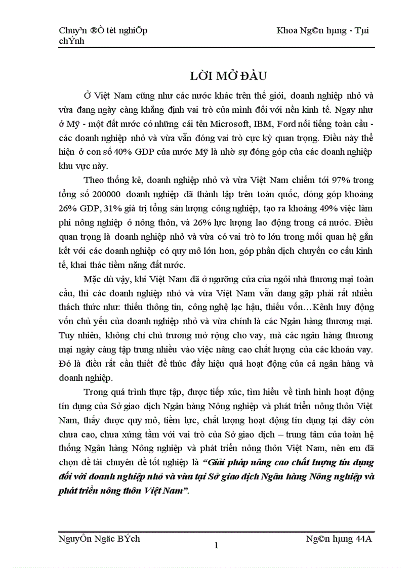Giải pháp nâng cao chất lượng tín dụng đối với doanh nghiệp nhỏ và vừa tại Sở giao dịch Ngân hàng Nông nghiệp và phát triển nông thôn Việt Nam 1