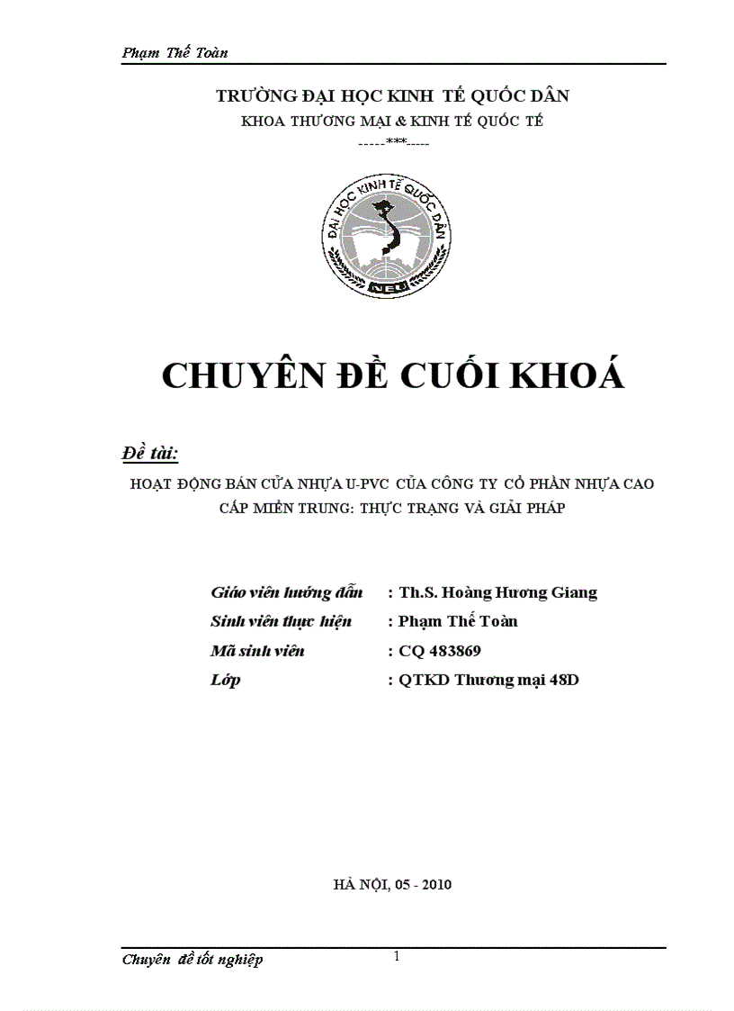 Hoạt động bán cửa nhựa U PVC của công ty cổ phần nhựa cao cấp miền Trung thực trạng và giải pháp