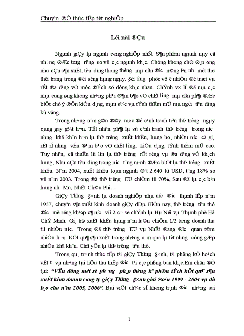 Vận dụng một số phương pháp thống kê phân tích kết quả sản xuất kinh doanh công ty giầy Thượng Đình giai đoạn 1999 2004 và dự báo cho năm 2005 2006 1
