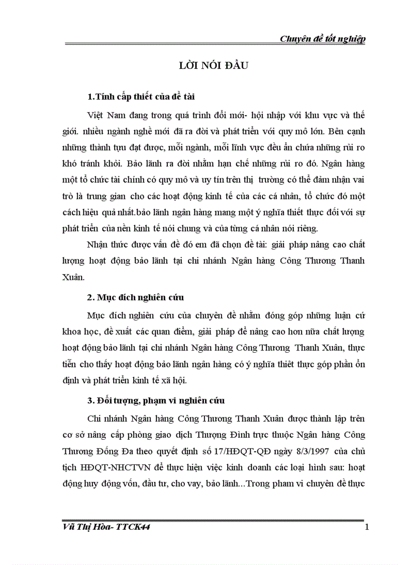 giải pháp nâng cao chất lượng hoạt động bảo lãnh tại chi nhánh Ngân hàng Công Thương Thanh Xuân 1