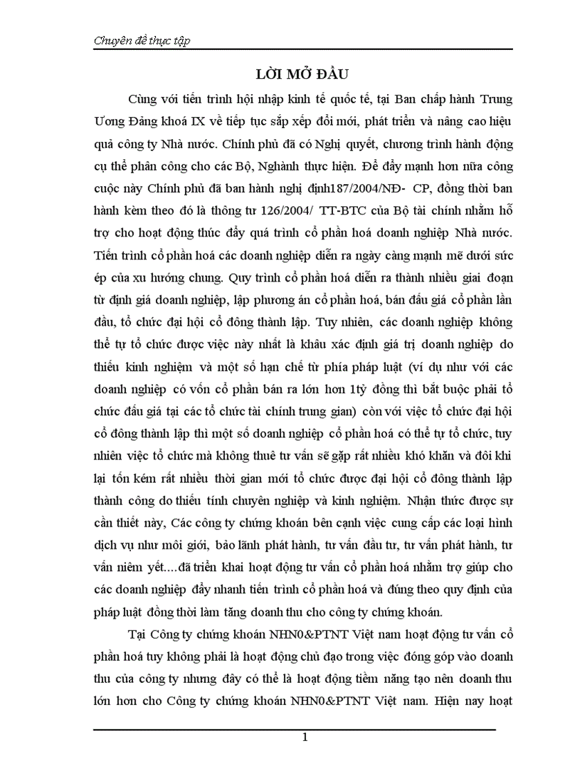 Phát triển hoạt động tư vấn cổ phần hoá tại Công ty chứng khoán NHN0 PTNT Việt nam 1