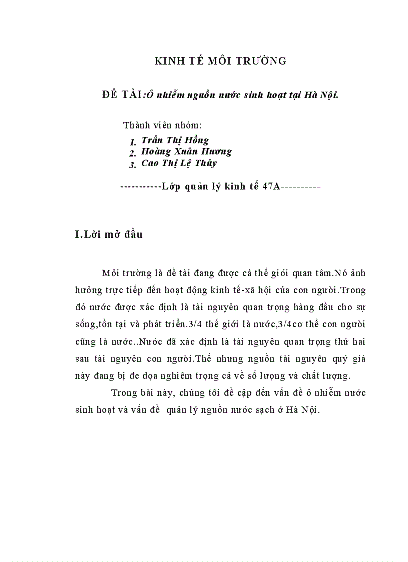 vấn đề ô nhiễm nước sinh hoạt và vấn đề quản lý nguồn nước sạch ở Hà Nội