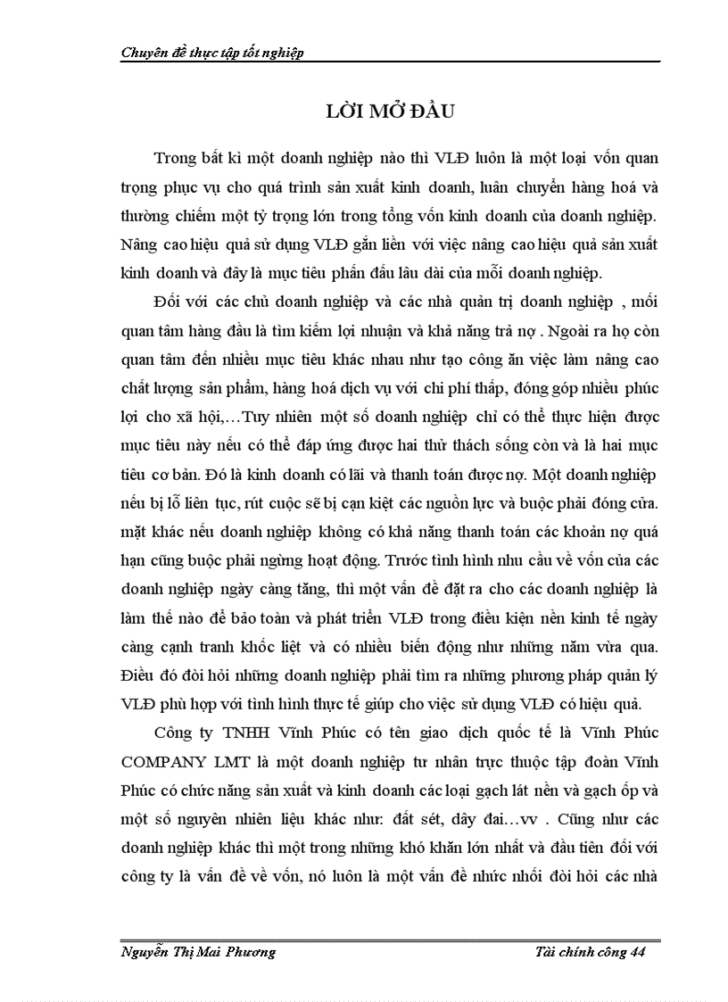 Biện pháp nâng cao hiệu quả sử dụng VLĐ ở Công ty TNHH Vĩnh Phúc 1