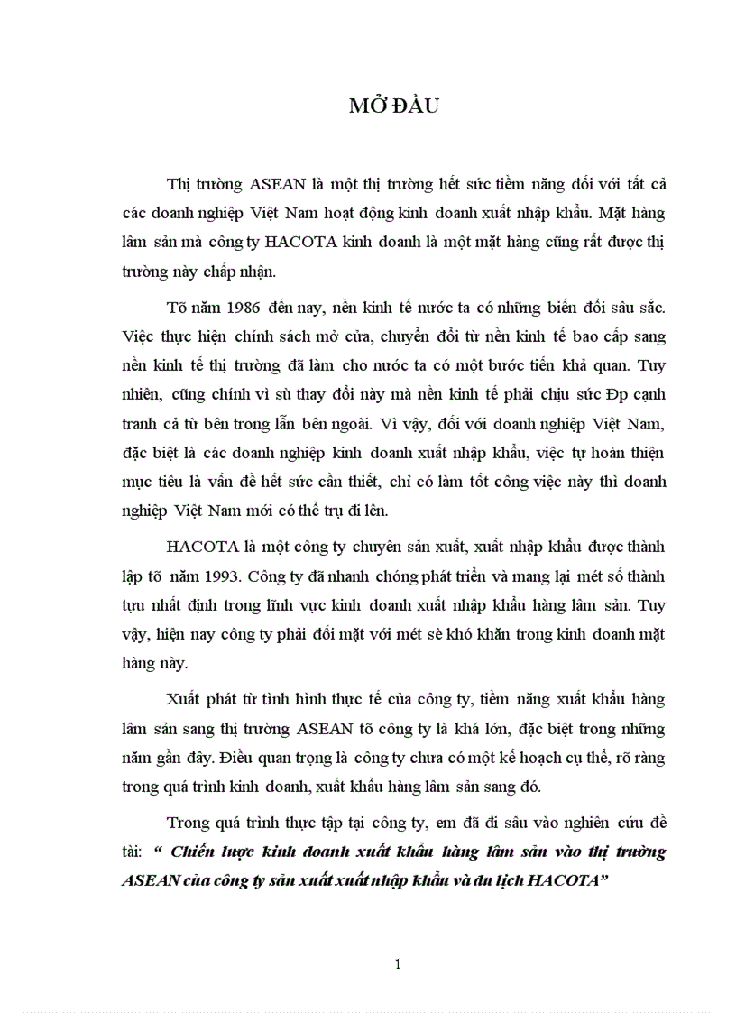 Chiến lược kinh doanh xuất khẩu hàng lâm sản vào thị trường ASEAN của công ty sản xuất xuất nhập khẩu và du lịch HACOTA