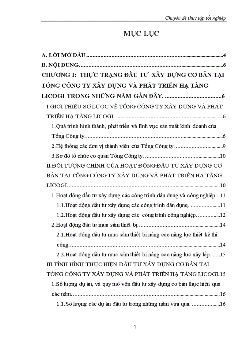 Đầu tư xây dựng cơ bản tại Tổng Công ty Xây dựng và Phát triển Hạ tầng LICOGI Thực trạng và Giải pháp 1