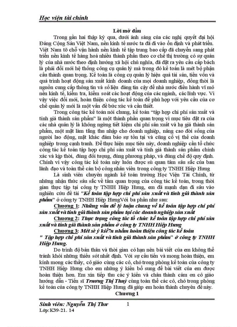 Kế toán tập hợp chi phí sản xuất và tính giá thành sản phẩm ở công ty TNHH Hiệp Hưng