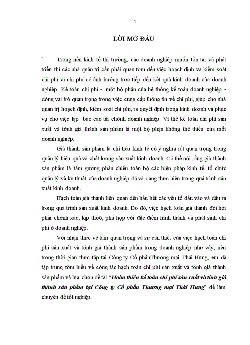 Hoàn thiện kế toán chi phí sản xuất và tính giá thành sản phẩm tại Công ty Cổ phần Thương mại Thái Hưng 1