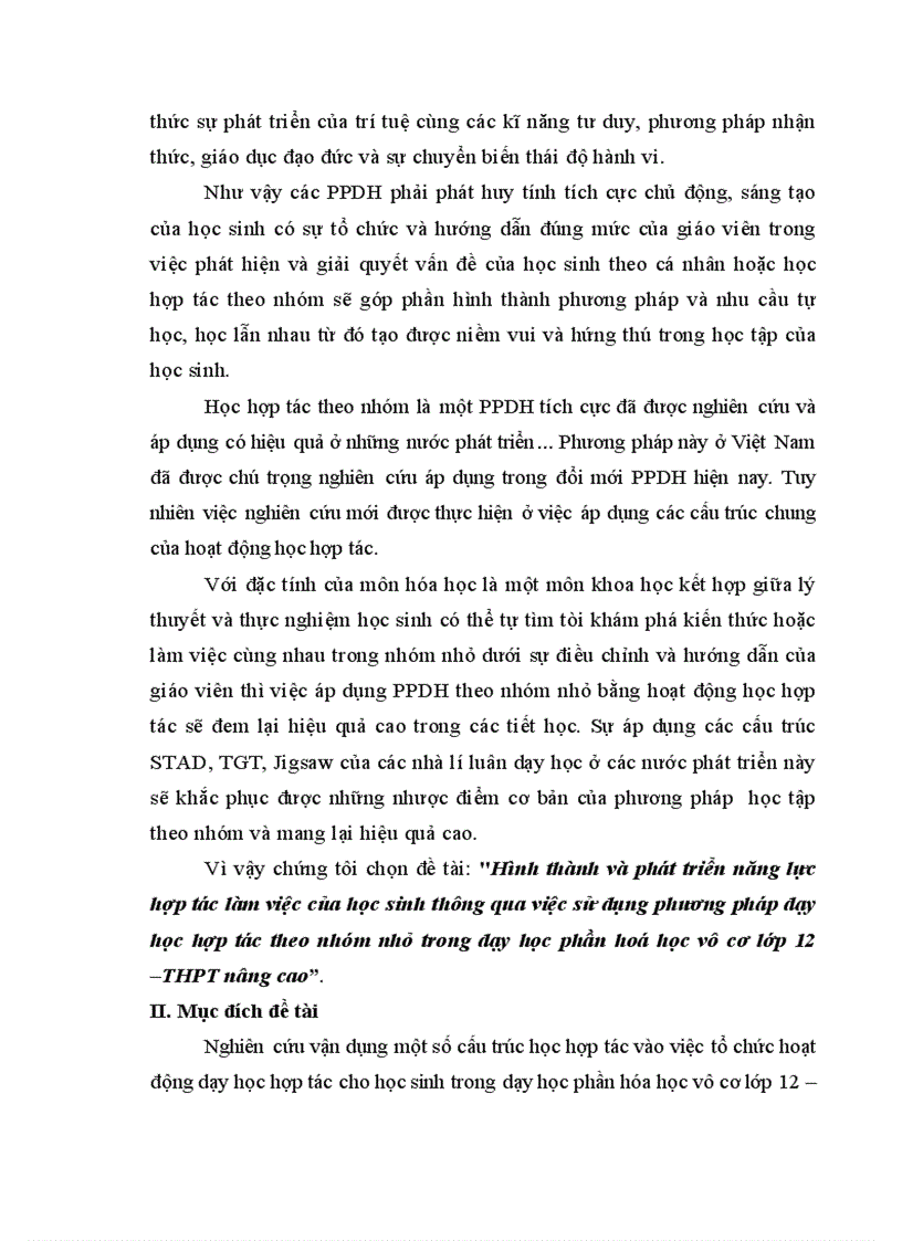 Hình thành và phát triển năng lực hợp tác làm việc của học sinh thông qua việc sử dụng phương pháp dạy học hợp tác theo nhóm nhỏ trong dạy học phần hoá học vô cơ lớp 12 THPT nâng cao