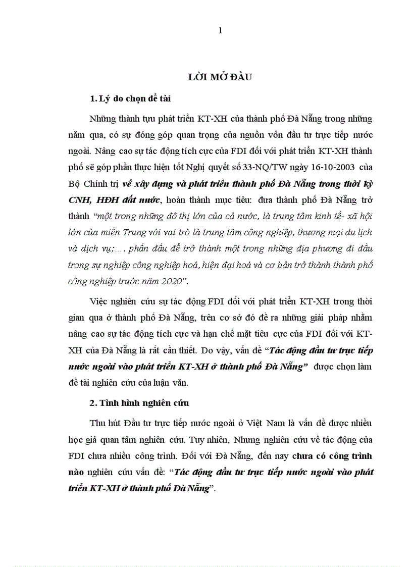 Tác động đầu tư trực tiếp nước ngoài vào phát triển KT XH ở thành phố Đà Nẵng 1