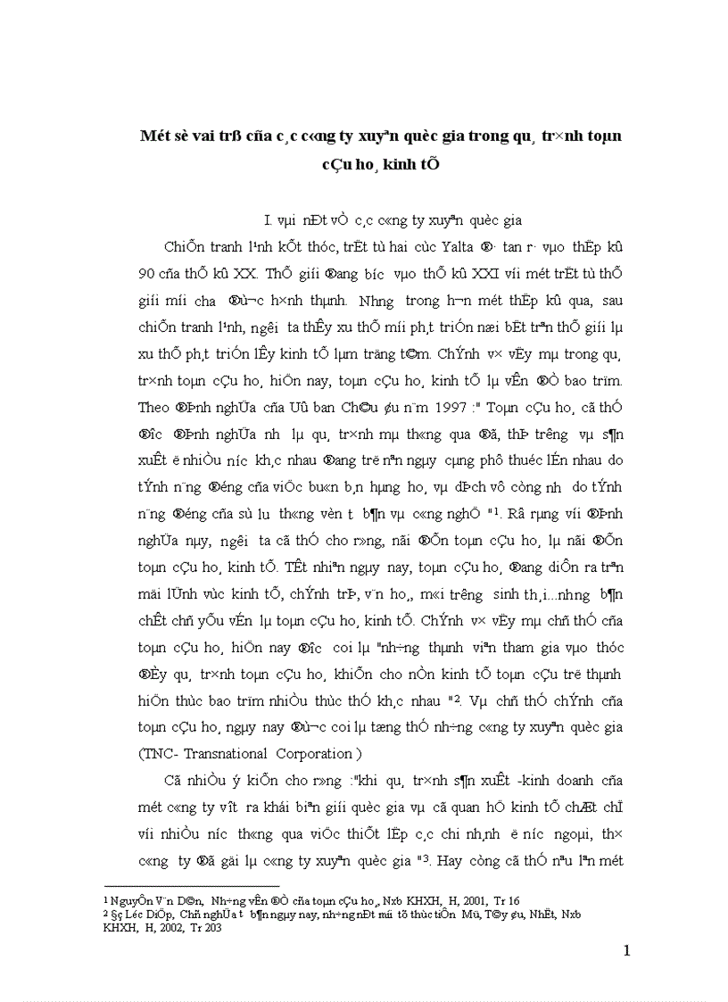 Một số vai trò của các công ty xuyên quốc gia trong quá trình toàn cầu hoá kinh tế