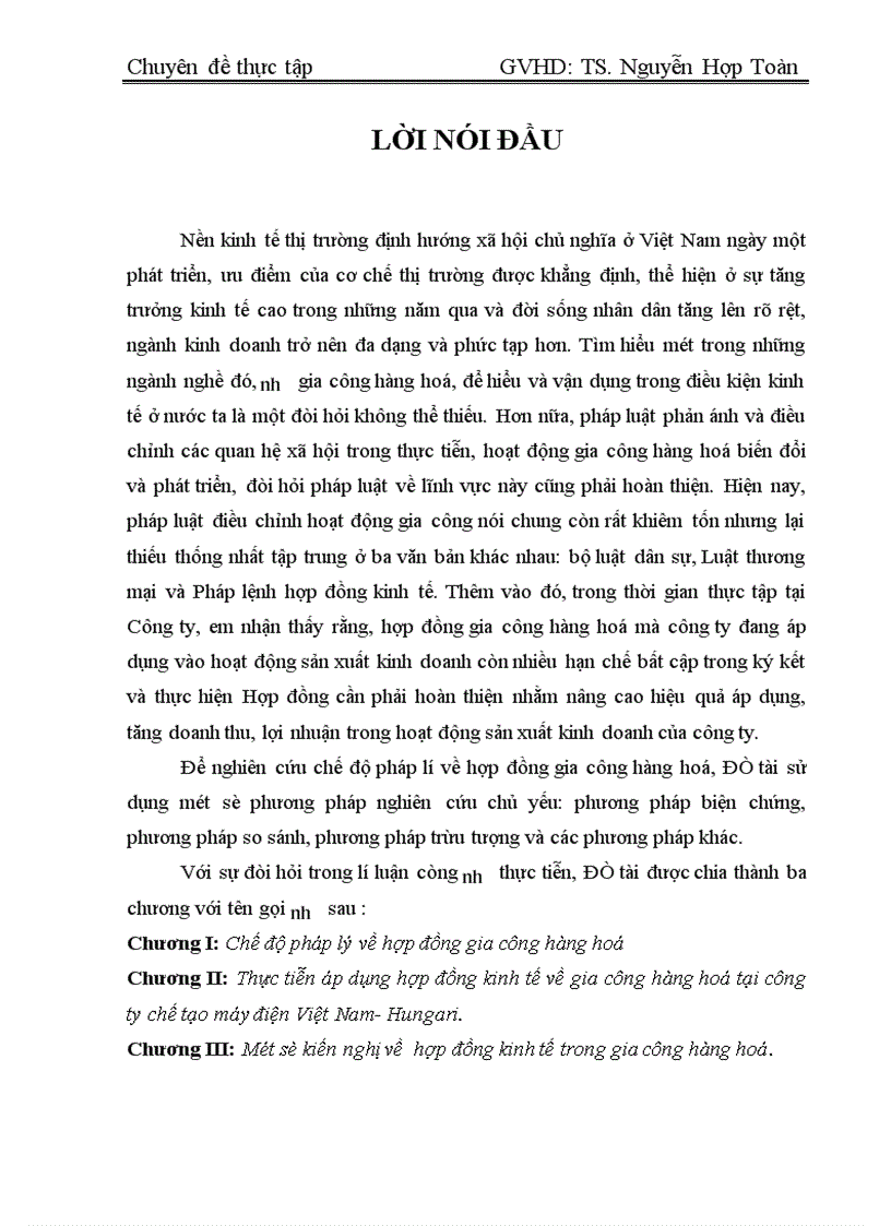 Một số kiến nghị về hợp đồng kinh tế trong gia công hàng hoá tại công ty chế tạo máy điện Việt Nam Hungari