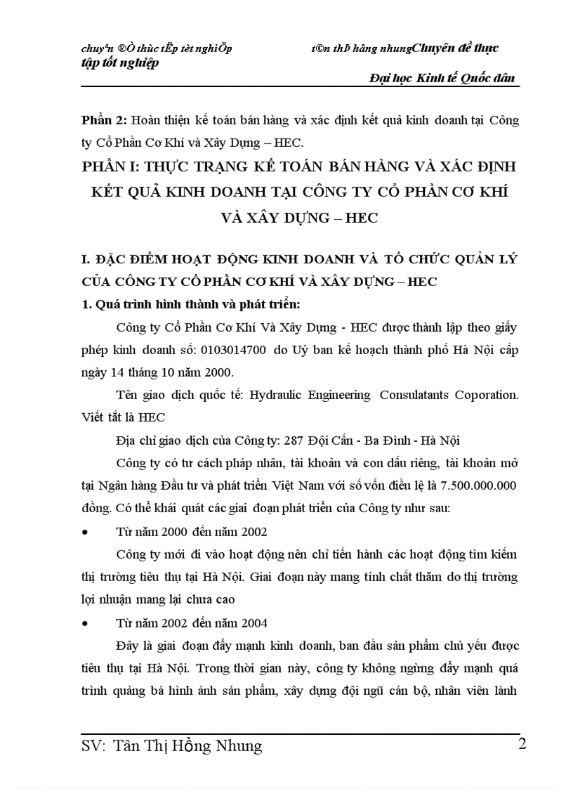 Hoàn thiện kế toán bán hàng và xác định kết quả kinh doanh tại Công ty Cổ Phần Cơ Khí và Xây Dựng HEC 1