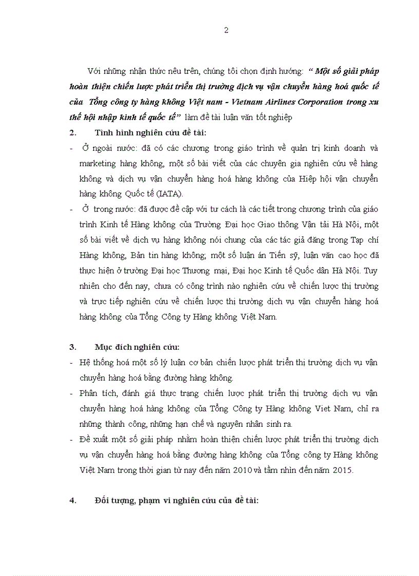 Một số giải pháp hoàn thiện chiến lược phát triển thị trường dịch vụ vận chuyển hàng hoá quốc tế của Tổng công ty hàng không Việt nam Vietnam Airlines Corporation trong xu thế hội nhập kinh tế quốc tế