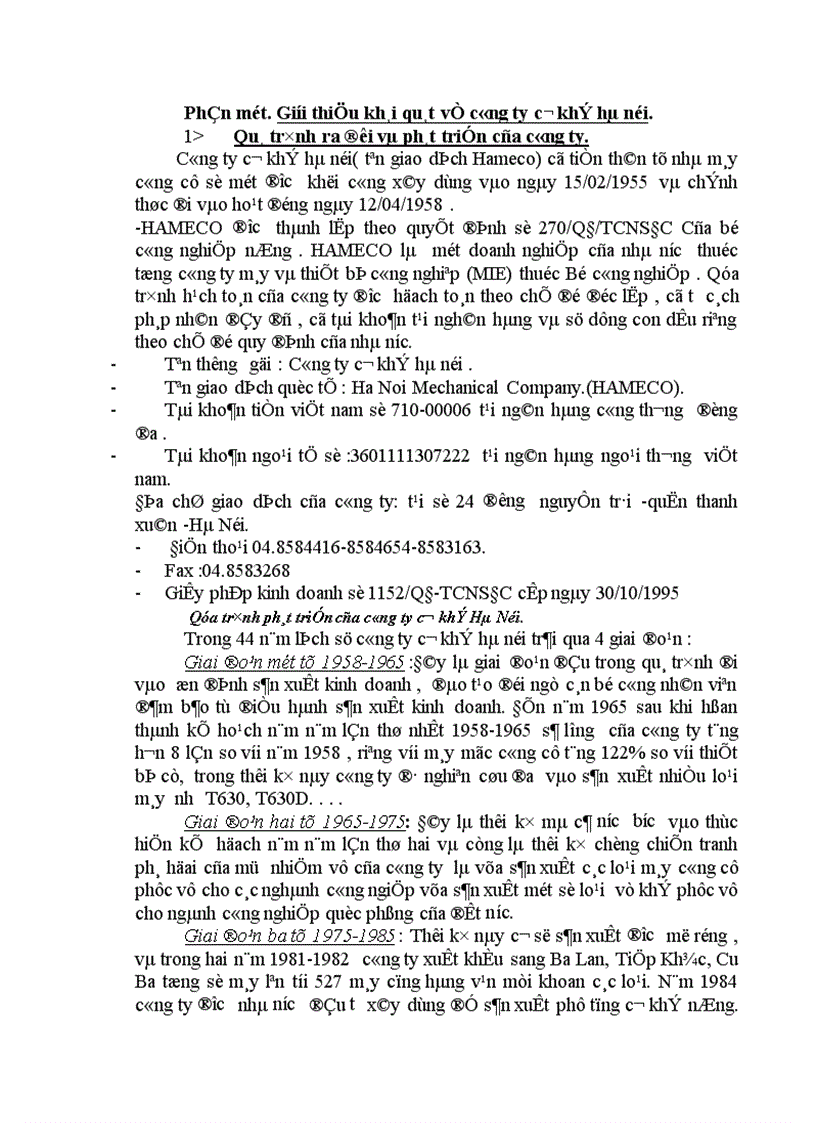 Báo cáo thực tập tổng hợp của công ty cơ khí Hà Nội 1
