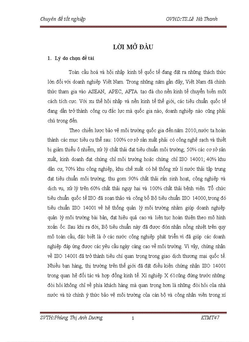 Cơ hội và khả năng áp dụng ISO 14001 tại các doanh nghiệp Việt Nam Trường hợp xí nghiệp X61 Sơn Tây Hà Nội