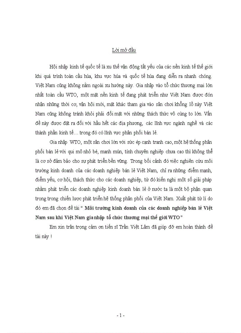 Môi trường kinh doanh của các doanh nghiệp bán lẻ Việt Nam sau khi Việt Nam gia nhập tổ chức thương mại thế giới WTO 1