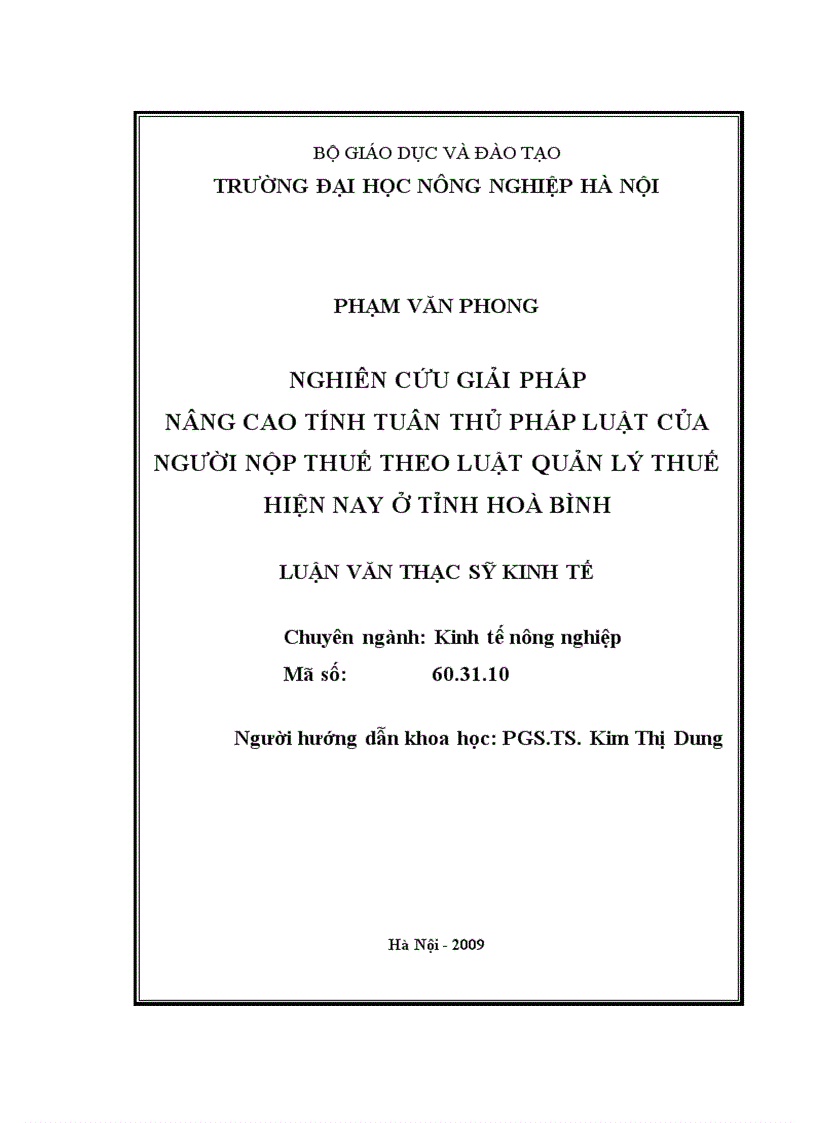 Nghiên cứu giải pháp nâng cao tính tuân thủ pháp luật của người nộp thuế theo luật Quản lý thuế hiện nay ở tỉnh Hoà Bình