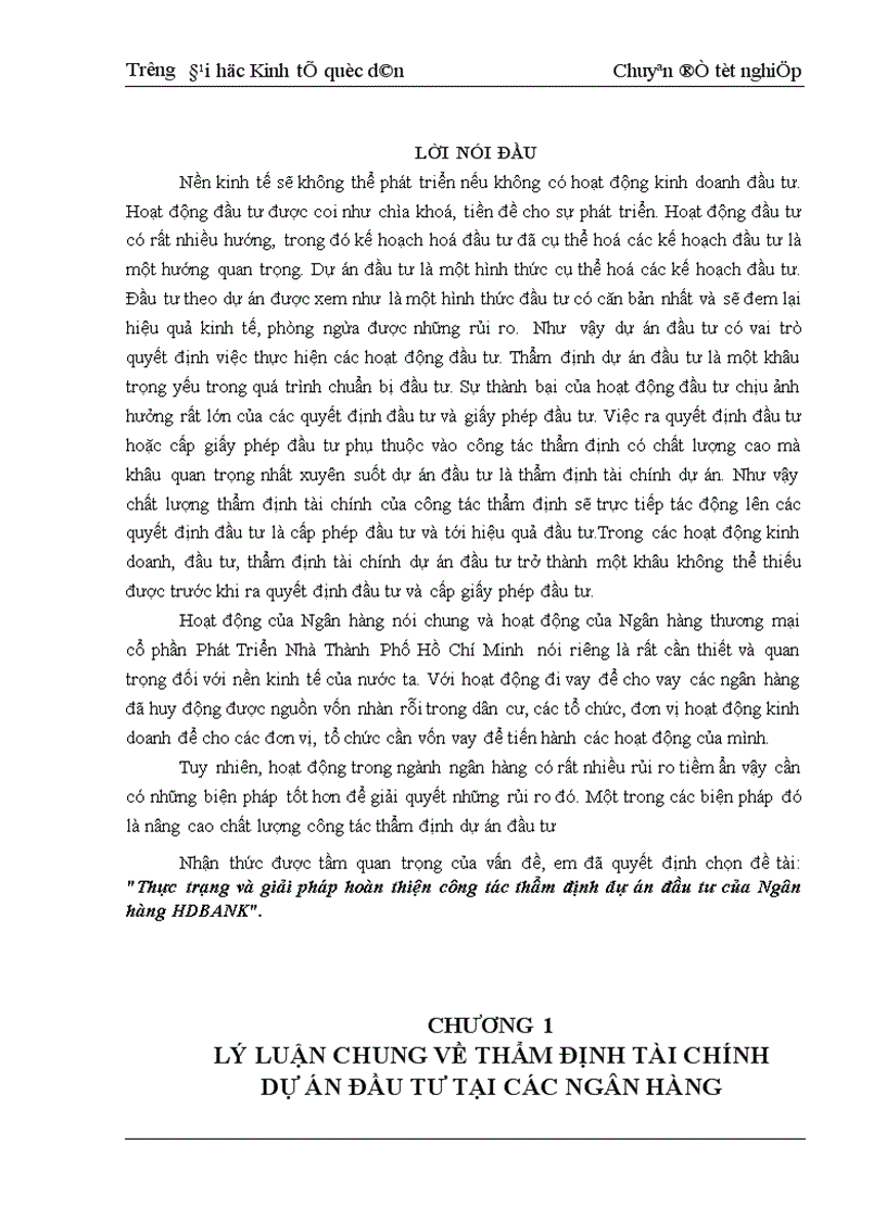 Thực trạng và giải pháp hoàn thiện công tác thẩm định dự án đầu tư của Ngân hàng HDBANK 1
