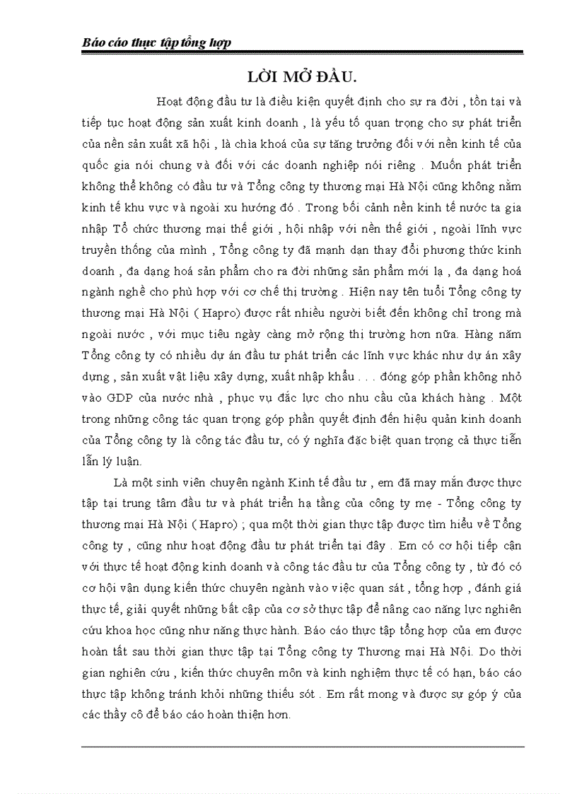 Báo cáo thực tập tổng hợp của công ty thương mại Hà Nội