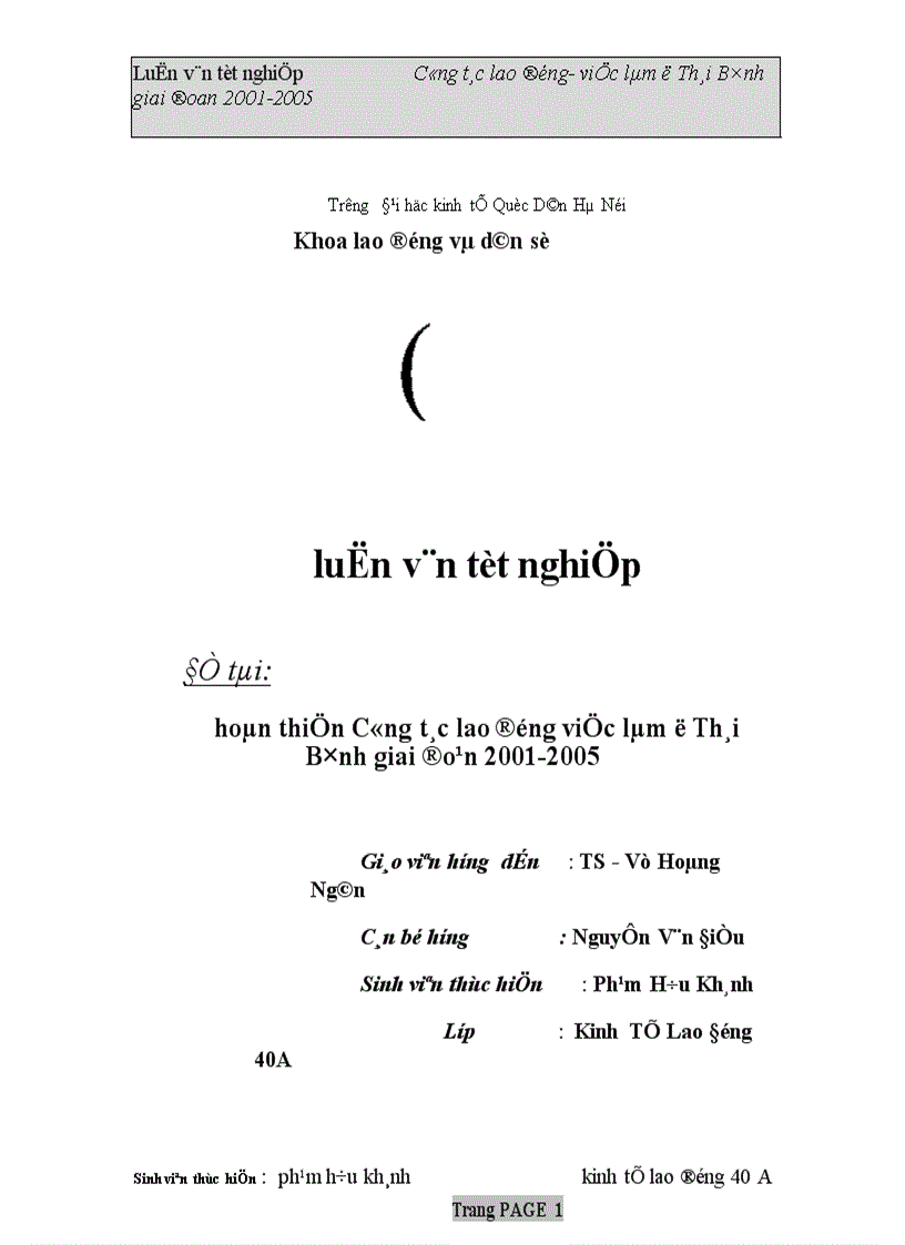 Hoàn thiện Công tác lao động việc làm ở tỉnh Thái Bình giai đoạn 2001 2005