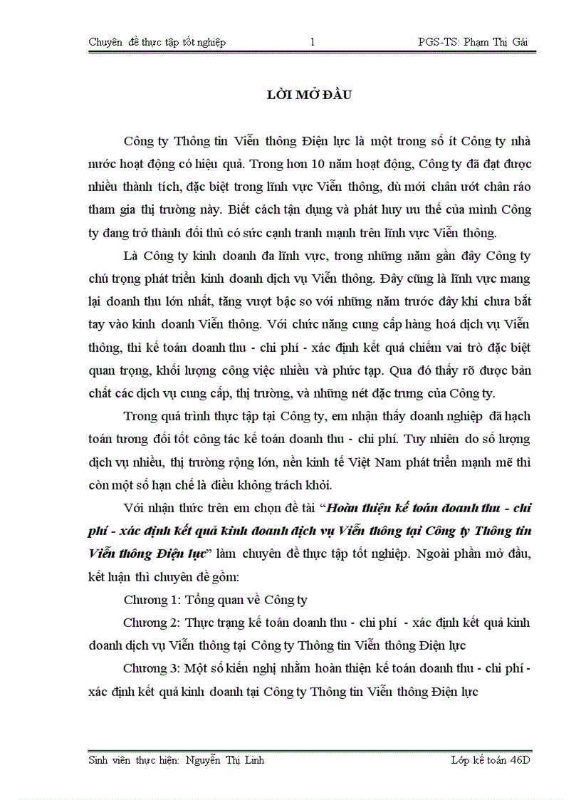 Hoàn thiện kế toán doanh thu chi phí xác định kết quả kinh doanh dịch vụ Viễn thông tại Công ty Thông tin Viễn thông Điện lực 1