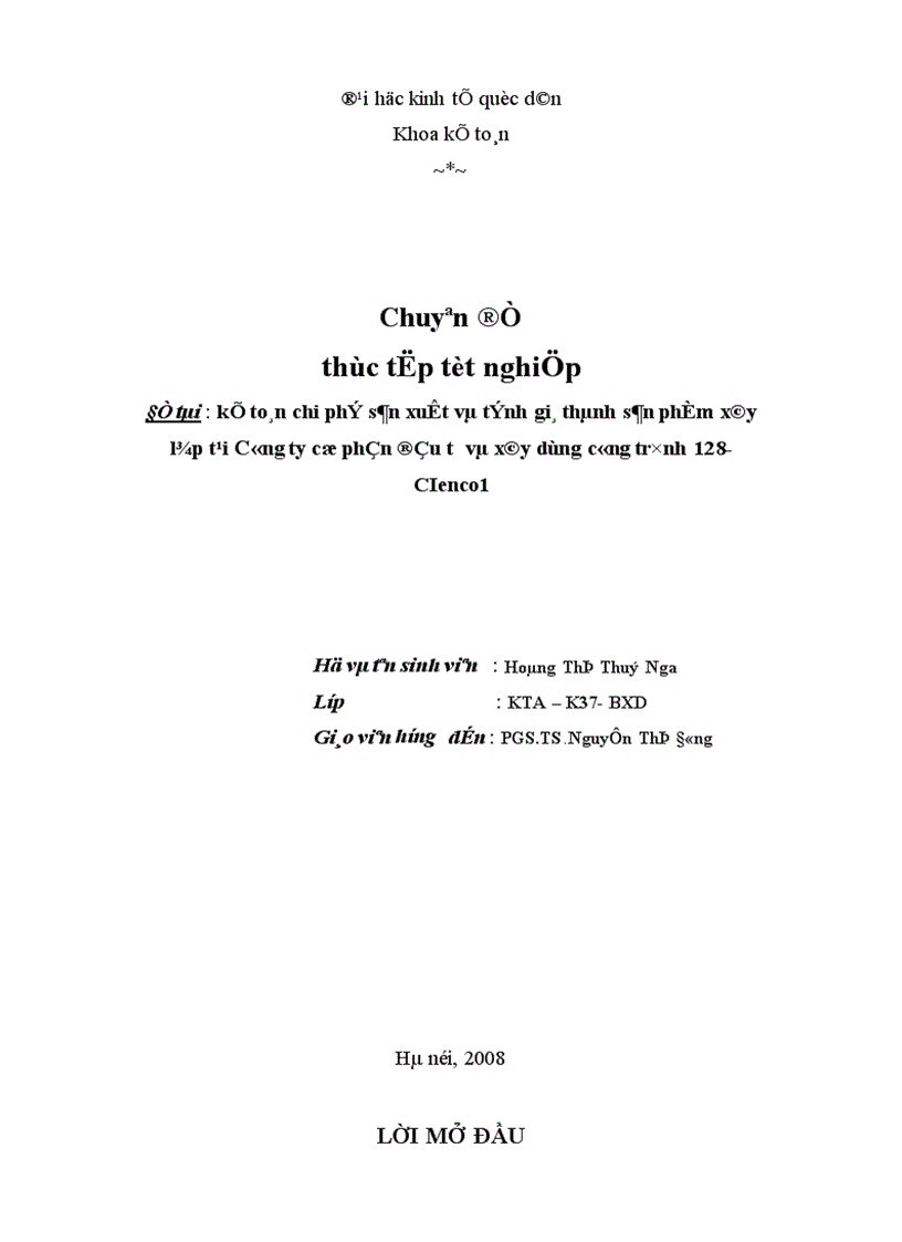 Kế toán chi phí sản xuất và tính giá thành sản phẩm xây lắp tại Công ty cổ phần đầu tư và xây dựng công trình 128 CIenco1