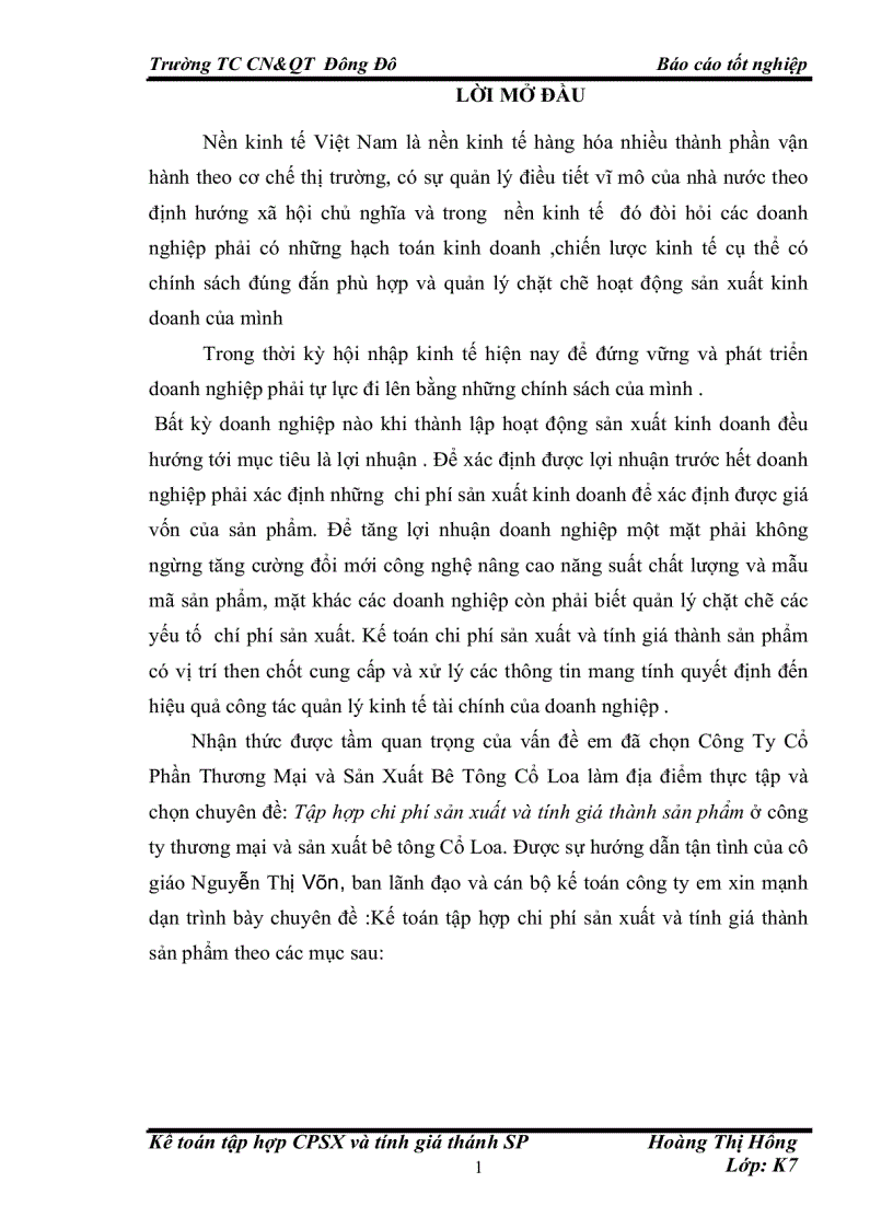 Tập hợp chi phí sản xuất và tính giá thành sản phẩm ở công ty thương mại và sản xuất bê tông Cổ Loa 1
