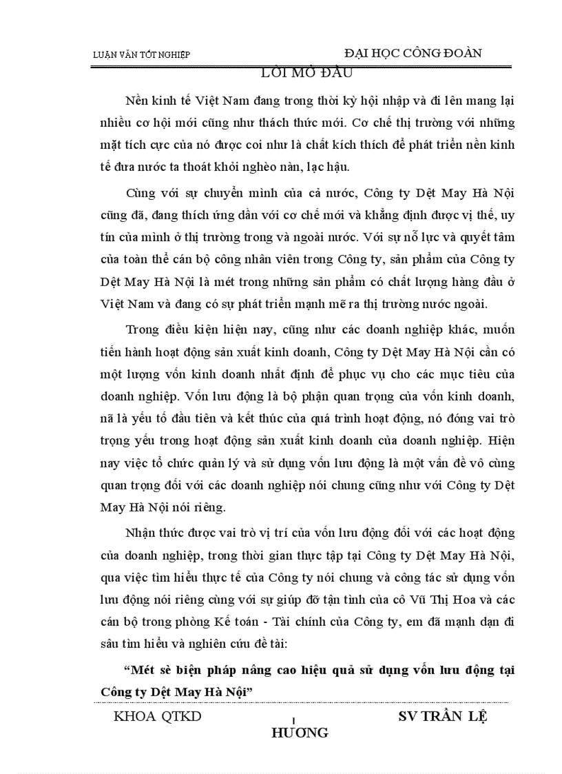 Một số biện pháp nâng cao hiệu quả sử dụng vốn lưu động tại Công ty Dệt May Hà Nội