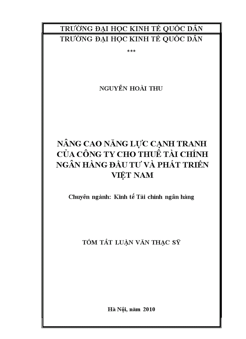 Phát triển hoạt động kinh doanh của Công ty cho thuê tài chính Ngân hàng Đầu tư và Phát triển Việt Nam đến năm 2015 1