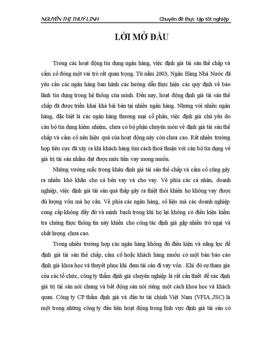 Nghiên cứu hoạt động định giá tài sản thế chấp và cầm cố tại công ty CP thẩm định giá và đầu tư tài chính Việt Nam