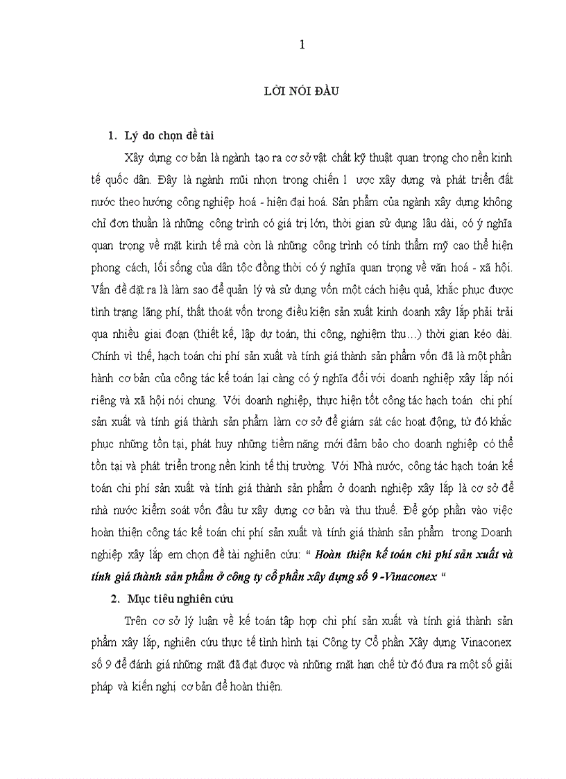 Hoàn thiện kế toán chi phí sản xuất và tính giá thành sản phẩm ở công ty cổ phần xây dựng số 9 Vinaconex 1