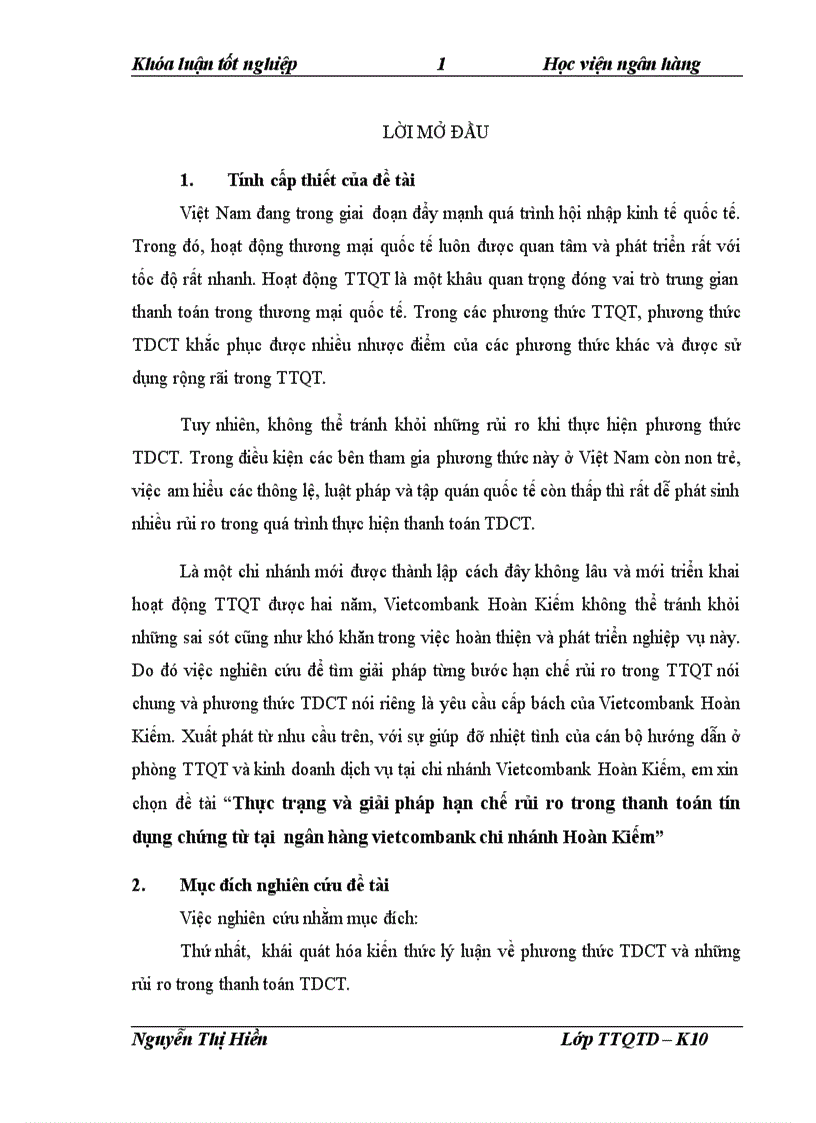 Thực trạng và giải pháp hạn chế rủi ro trong thanh toán tín dụng chứng từ tại ngân hàng vietcombank chi nhánh Hoàn Kiếm
